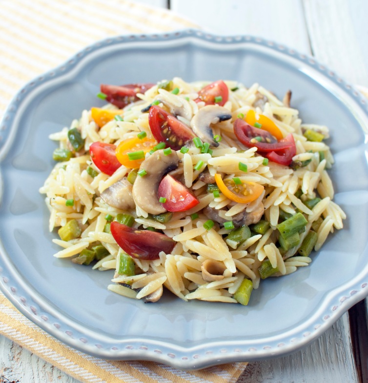 Orzo with Mushrooms, Asparagus and Cherry Tomatoes Close Up